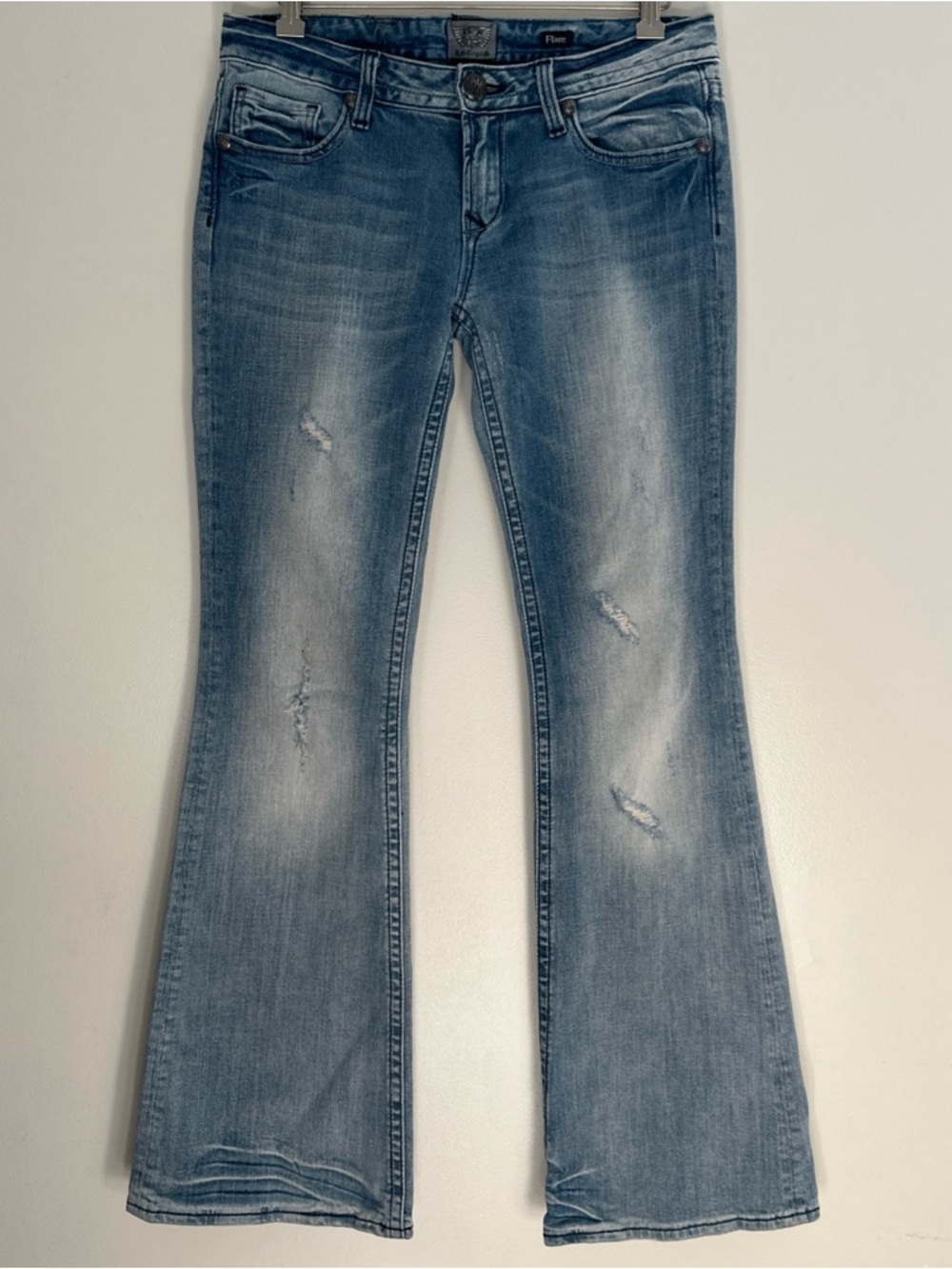 Rerock For Express Flare Jeans Womens 28 Light Blue Wash Distressed Rhinestone